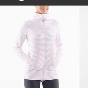 Lululemon In Stride jacket pink and white striped mid weight jacket.